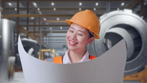 Female Engineer Looking At Blueprint In Her Hands at Heavy Factory Stock Footage 340825189
