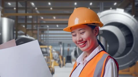Female Engineer Looking At Blueprint In Her Hands at Heavy Factory Stock Footage 340825412
