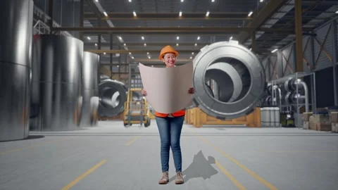 Female Engineer Looking At Blueprint In Her Hands at Heavy Factory Stock Footage 340826169