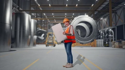 Female Engineer Looking At Blueprint In Her Hands at Heavy Factory Stock Footage 340826308