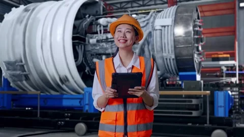 Female Engineer Looking At The Tablet In Her Hand With Jet Engine Stock Footage 306603568