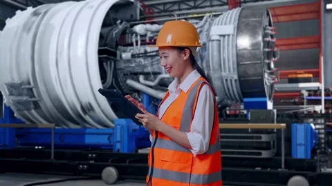 Female Engineer Looking At The Tablet In Her Hand With Jet Engine Stock Footage 306603829