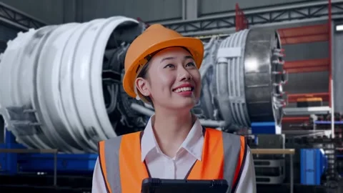 Female Engineer Looking At The Tablet In Her Hand With Jet Engine Stock Footage 306604872