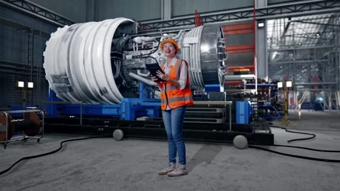 Female Engineer Looking At The Tablet In Her Hand With Jet Engine Stock Footage 306607516