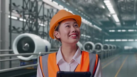 Female Engineer Looking At The Tablet In Her Hand, Aircraft Engine Factory Video stock 314608528