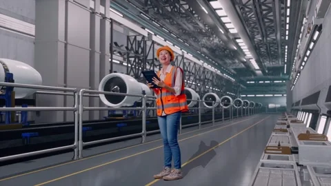Female Engineer Looking At The Tablet In Her Hand, Aircraft Engine Factory Video stock 314609378