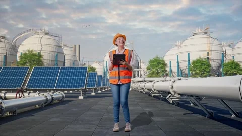 Female Engineer Looking At The Tablet In Her Hand at Energy Complex Stock Footage 330179430