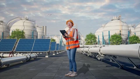 Female Engineer Looking At The Tablet In Her Hand at Energy Complex Stock Footage 330179805