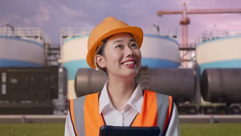 Female Engineer Looking At The Tablet In Her Hand at Oil Refinery Stock Footage 340143883