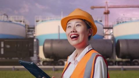 Female Engineer Looking At The Tablet In Her Hand at Oil Refinery Stock Footage 340144157