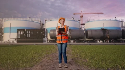 Female Engineer Looking At The Tablet In Her Hand at Oil Refinery Stock Footage 340144648