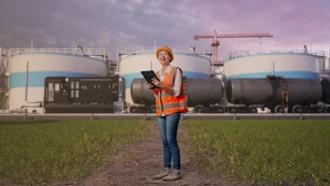 Female Engineer Looking At The Tablet In Her Hand at Oil Refinery Stock Footage 340144949