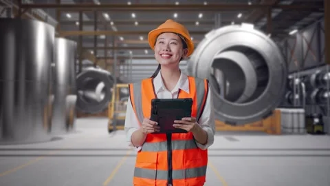Female Engineer Looking At The Tablet In Her Hand at Heavy Factory Stock Footage 340823282