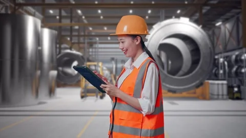 Female Engineer Looking At The Tablet In Her Hand at Heavy Factory Stock Footage 340824310