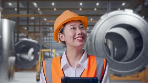 Female Engineer Looking At The Tablet In Her Hand at Heavy Factory 库存影片 340825068