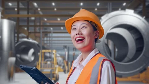 Female Engineer Looking At The Tablet In Her Hand at Heavy Factory 库存影片 340825275