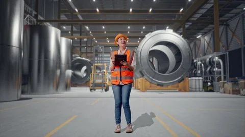 Female Engineer Looking At The Tablet In Her Hand at Heavy Factory 库存影片 340826070