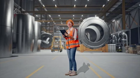 Female Engineer Looking At The Tablet In Her Hand at Heavy Factory 库存影片 340826262