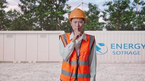 Female Engineer Making Shh Gesture with Energy Storage Stock Footage 337818720