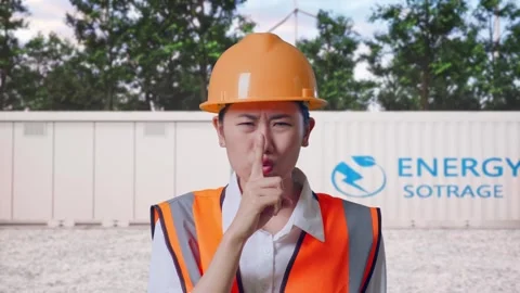Female Engineer Making Shh Gesture with Energy Storage Stock Footage 337819753