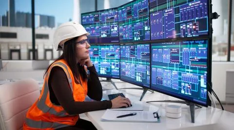 Female Engineer Monitors Nuclear Power Plants Smart SCADA System Data. Stock Photos