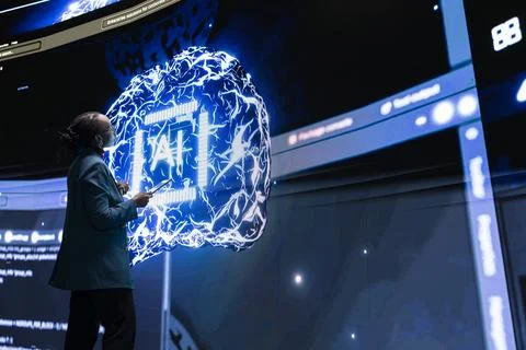 Female engineer observing rapid development of AI technology in RD lab Foto stock
