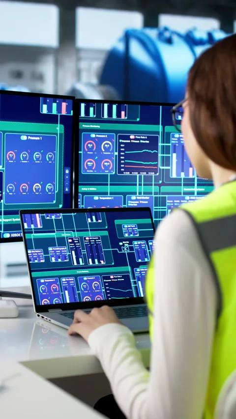 Female Engineer Operates The SCADA System Controlling The Power Stock Footage 334535958