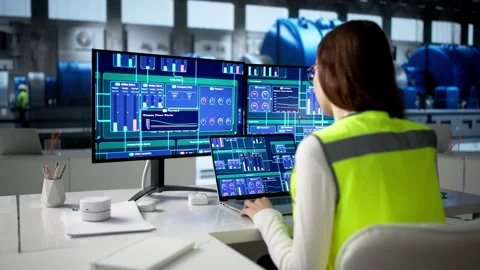 Female Engineer Operates The SCADA System Controlling The Power Stock Footage 334927111