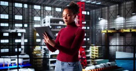 Female Engineer Operating Control System In Aerospace Engineering Laboratory Foto stock