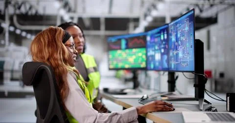 Female engineer operating SCADA system at industrial plant Stock Photos