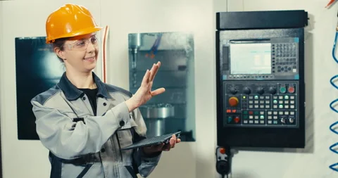 Female engineer in orange helmet with virtual laptop working on CNC machine at Stock Footage 200911476
