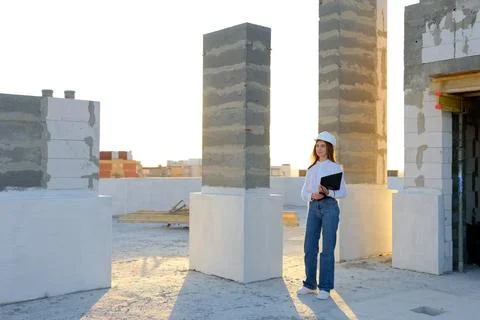Female engineer pointing at construction site while holding clipboard Stock Photos
