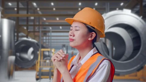 Female Engineer Pray For Something at Heavy Factory Stock Footage 340825262