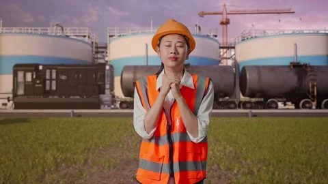 Female Engineer Pray For Something at Oil Refinery Stock Footage 340143148