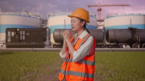 Female Engineer Pray For Something at Oil Refinery Stock Footage 340143414