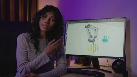 Female engineer present her concept robot design to customer. Stock Footage 202216108