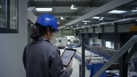 Female engineer programmer using tablet and graphs data to check factory Stock Footage 296283830