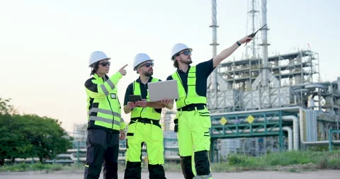Female engineer radios control team as male technician checks tablet and Stock Footage 338424677