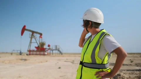 Female engineer reporting equipment failure by phone at oilfield Stock Footage 317265340