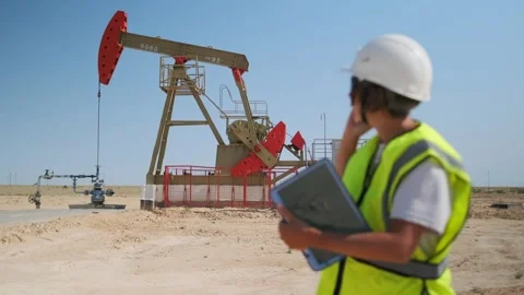 Female engineer reporting on phone with tablet at oilfield Stock Footage 317252784
