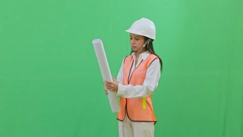 Female Engineer Rolling Blueprints Technical Data 스톡 동영상 331152045