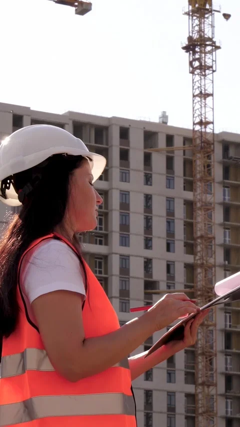 Female engineer in safety vest writing notes in construction documents at Stock Footage 348195953