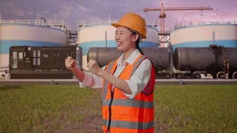 Female Engineer Screaming Goal Celebrating Working at Oil Refinery Stock Footage 340143345
