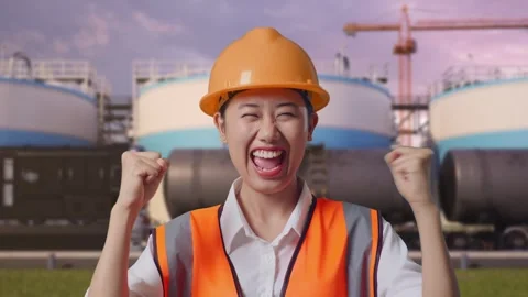 Female Engineer Screaming Goal Celebrating Working at Oil Refinery Stock Footage 340143583