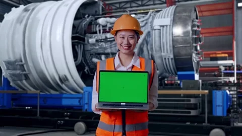 Female Engineer Showing Green Screen Laptop With Jet Engine Stock Footage 306603671