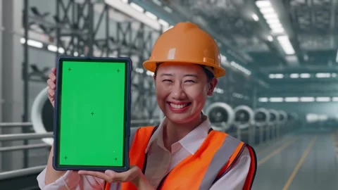 Female Engineer Showing Green Screen Tablet, Aircraft Engine Factory Video stock 314608546