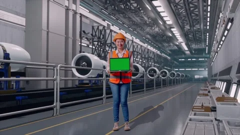 Female Engineer Showing Green Screen Laptop, Aircraft Engine Factory 스톡 동영상 314609249