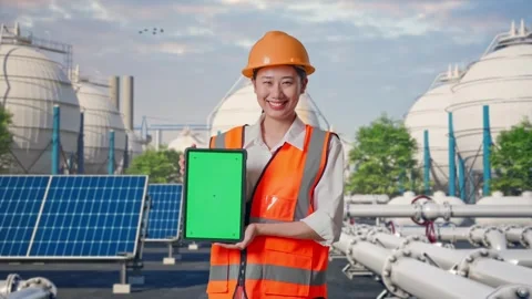 Female Engineer Showing Green Screen Tablet at Energy Complex Stock Footage 330177066