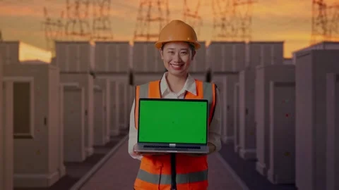 Female Engineer Showing Green Screen Laptop with High Voltage Power Stock Footage 331285528