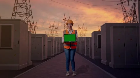 Female Engineer Showing Green Screen Laptop with High Voltage Power Stock Footage 331286982